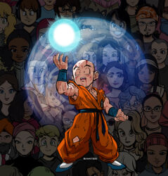 amartbee bald bald_male blood dragon_ball earth_(planet) genki_dama highres injury kuririn multiple_boys multiple_girls muscular muscular_male nervous_smile planet scratches smile surprised torn_clothes
