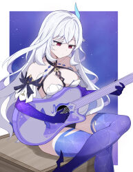 1girl absurdres bare_shoulders blue_skin border box breast_rest breasts closed_mouth colored_extremities colored_skin crate crossed_legs detached_sleeves expressionless genshin_impact guitar hair_intakes hair_ornament halterneck highres holding holding_guitar holding_instrument instrument jhp987 leotard long_hair looking_at_object looking_down medium_breasts multicolored_skin music on_box outside_border pale_skin playing_instrument prosthesis prosthetic_arm prosthetic_leg purple_hands purple_skin red_eyes sitting sitting_on_box sitting_on_object skirk_(genshin_impact) solo very_long_hair white_border white_hair wooden_box