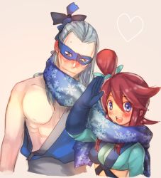 Rule 34 | 1boy, 1girl, :d, @ @, aqua shirt, bare shoulders, blue background, blue eyes, blue gloves, blue hair, blue scarf, blush, breasts, brycen (pokemon), closed mouth, collarbone, crop top, domino mask, elbow gloves, eyelashes, eyes visible through hair, facing away, facing viewer, gloves, gym leader, hair between eyes, hair bun, hair ornament, head tilt, heart, long hair, long sleeves, looking at another, looking at viewer, looking to the side, mask, medium breasts, narita imomushi, nintendo, nose blush, open mouth, pokemon, pokemon bw, purple eyes, raised eyebrows, red hair, ribs, salute, scarf, shared clothes, shared scarf, shirt, sidelocks, single hair bun, skyla (pokemon), smile, snowflake print, snowflakes, straight hair, sweat, tareme, teeth, tongue