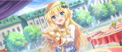 1girl :d ahoge blonde_hair blue_eyes blue_sky braid building cloud cloudy_sky day dress food food-themed_hair_ornament game_cg gold_necklace gold_trim grape_hair_ornament green_hairband hair_ornament hairband highres holding holding_food holding_pizza incoming_food iris_(konosuba) jewelry kono_subarashii_sekai_ni_shukufuku_wo! konosuba!_fantastic_days light_blush light_rays long_hair long_sleeves looking_at_viewer necklace official_art open_mouth outdoors pizza side_braid sidelocks sky smile solo sparkle sunbeam sunlight table tree white_dress