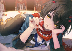 4boys absurdres black_hair black_pants blue_necktie commentary_request fangs food fruit hair_ornament hairclip hand_on_own_cheek hand_on_own_face head_rest highres holding holding_food holding_fruit looking_at_viewer lying male_focus mashiro_meme mashiro_meme_(1st_costume) multiple_boys necktie nijisanji on_side open_mouth orange_eyes orange_socks pants red_nails red_scarf sandals scarf shirt socks solo_focus strawberry virtual_youtuber white_shirt yuiitsu