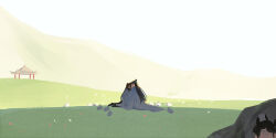 3boys architecture black_bow black_hair bow chinese_clothes day east_asian_architecture field gazebo hair_ribbon hanfu high_ponytail lan_sizhui lan_wangji long_hair long_sleeves modao_zushi multiple_boys nature outdoors ponytail rabbit red_ribbon ribbon rock sitting topknot wei_wuxian white_hanfu white_rabbit_(animal) wide_sleeves xianduguaitan yaoi