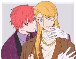 biting biting_glove blonde_hair blue_eyes border chain chain_necklace collared_shirt deidara_(naruto) expressionless formal_clothes gloves grey_background hair_over_one_eye hayamin35 implied_yaoi jacket jewelry long_hair naruto_(series) naruto_shippuuden necklace necktie parted_lips red_eyes red_hair sasori_(naruto) shirt short_hair simple_background striped_clothes striped_necktie teeth white_gloves