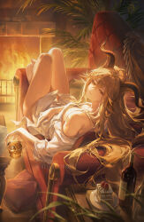 Rule 34 | 1girl, alcohol, animal ears, arknights, bare legs, bare shoulders, barefoot, blonde hair, breasts, cleavage, commentary, couch, crossed bangs, cup, degenbrecher (arknights), english commentary, from behind, goat ears, goat girl, goat horns, hair between eyes, helen zzhao, highres, holding, holding cup, horns, large breasts, long hair, looking at viewer, lying, no pants, on back, on couch, orange eyes, shirt, solo, watermark, white shirt