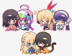 6+girls ahoge apron aqua_eyes asakura_karen_(heaven_burns_red) black_hair blonde_hair blue_hair blue_jacket blush bow braid bun_cover chibi chibi_only clover_hair_ornament date_akari double_bun frilled_apron frills hair_bun hair_ornament hair_stick half_up_braid happy heaven_burns_red holding_hands hood hood_up jacket kanzaki_adelheid long_hair long_sleeves multicolored_hair multiple_girls nikaidou_misato ponytail puffy_short_sleeves puffy_sleeves purple_eyes purple_hair red_bow ribbon satsuki_mari short_sleeves sidelocks skirt sportswear streaked_hair tassel tassel_hair_ornament tennis_uniform toujou_tsukasa twin_braids twintails very_long_hair visor_cap white_ribbon wide_sleeves wuubaiwan yuri