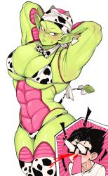 2boys animal_print armpits arms_up bikini black_hair blood blush cow_horns cow_print cow_tail dragon_ball glasses horns large_pectorals male_focus multiple_boys muscular muscular_male niusesabe nosebleed pectorals pervert piccolo pointy_ears son_gohan sweatdrop swimsuit tail thick_thighs thighhighs thighs yaoi