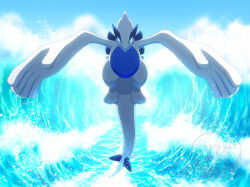 Rule 34 | commentary request, day, full body, gen 2 pokemon, glowing, glowing eyes, highres, legendary pokemon, lugia, monaka (hc pkmn), nintendo, no humans, outdoors, parting water, pokemon, pokemon (creature), pokemon focus, sky, solo, water, watermark, waves