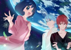 Rule 34 | 1girl, 2boys, black eyes, black hair, black shirt, blue (happinesscharge precure!), blue eyes, blue hair, bow, bowtie, brothers, buttons, closed mouth, collarbone, collared shirt, cowboy shot, crossed arms, curly hair, dress, dress shirt, earth (planet), expressionless, eyelashes, floating clothes, hair between eyes, hand on own chest, happinesscharge precure!, high collar, highres, leaf, light blush, light frown, light particles, lips, long dress, long sleeves, looking at another, multiple boys, open mouth, pink bow, pink bowtie, pink dress, planet, pleated dress, precure, queen mirage, red (happinesscharge precure!), red eyes, red hair, shipu (gassyumaron), shirt, short hair, siblings, smile, space, sparkle, star (sky), tareme, upper body, v-neck, waving, white shirt, wind