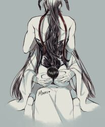 2boys alternate_costume animal_ears artist_name ass back bare_arms bare_legs bare_shoulders barefoot black_hair black_leotard chinese_clothes commentary crossdressing english_commentary facing_away fake_animal_ears fake_tail from_behind grabbing_another&#039;s_ass grey_background groping hair_ribbon hands_on_another&#039;s_ass hanfu highres lan_wangji leotard long_hair long_sleeves male_focus male_playboy_bunny minataka94 modao_zushi monochrome multiple_boys playboy_bunny ponytail rabbit_ears rabbit_tail red_ribbon ribbon robe simple_background sitting sitting_on_lap sitting_on_person spot_color straddling strapless strapless_leotard tail trap very_long_hair wei_wuxian white_hanfu wide_sleeves yaoi