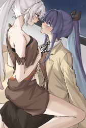 2girls bare_shoulders black_ribbon black_skirt blush brown_jacket brown_shirt brown_shorts closed_mouth collared_shirt commentary eye_contact highres honkai_(series) honkai_impact_3rd indoors jacket kiana_kaslana long_hair looking_at_another multiple_girls neck_ribbon parted_lips ponytail purple_eyes purple_hair raiden_mei ribbon shirt shorts sitting sitting_on_lap sitting_on_person skirt sweat syonosuke9573 white_hair white_shirt yuri