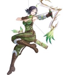 1girl argyle_clothes arm_guards attack black_eyes black_hair boots bow_(weapon) breasts brown_boots brown_gloves circlet cleavage cleavage_cutout clothing_cutout drawing_bow feather_hair_ornament feathers female_focus fire_emblem fire_emblem_awakening fire_emblem_heroes furrowed_brow gloves hair_ornament highres holding holding_bow_(weapon) holding_weapon matching_hair/eyes medium_breasts nintendo noire_(fire_emblem) non-web_source official_art parted_lips quiver short_hair single_arm_guard solo standing standing_on_one_leg weapon
