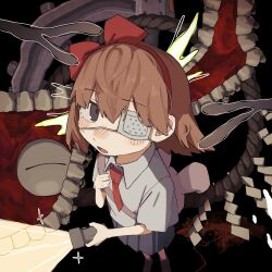 1girl absurdres bag black_background black_eyes black_skirt blush branch brown_hair collared_shirt disembodied_mouth eyepatch flashlight foreshortening from_above guard_rail hairband highres holding holding_flashlight looking_at_viewer looking_up medical_eyepatch monster nanoni! necktie pleated_skirt protagonist_(yomawari) red_hairband red_necktie rope shide shimenawa shirt shoes short_hair shoulder_bag simple_background skirt solo sparkle standing white_shirt yomawari yomawari_(series)