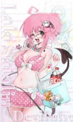Rule 34 | 1girl, absurdres, ahoge, alternate costume, alternate hairstyle, bikini, bikini skirt, bottle, bracelet, breasts, cellphone, character doll, character name, cola, commentary, cowboy shot, demon tail, doll, eee mii, flip phone, front-tie bikini top, front-tie top, glasses, green eyes, highres, holding, holding phone, ice, ice cube, jewelry, lala satalin deviluke, large breasts, looking at viewer, medium hair, multiple bracelets, navel, necklace, one eye closed, open mouth, over-rim eyewear, peke (to love-ru), phone, pink bikini, pink hair, polka dot, polka dot bikini, polka dot scrunchie, ponytail, red-framed eyewear, refrigerator, scrunchie, semi-rimless eyewear, solo, swimsuit, tail, talking on phone, to love-ru, white scrunchie, wrist scrunchie, yuuki rito