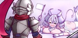 Rule 34 | &gt; &lt;, 2girls, akisame rizu, armor, ass, breasts, cleavage, closed eyes, demon girl, demon horns, demon wings, dress, drill hair, duel monster, earrings, fang, flag, grey hair, horns, jewelry, knight (yu-gi-oh!), large breasts, lovely labrynth of the silver castle, lying, multiple girls, on stomach, pointy ears, thighhighs, twin drills, white dress, white flag, white thighhighs, wings, yu-gi-oh!