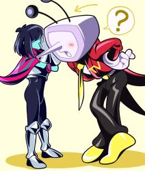 Rule 34 | 1boy, 1other, ?, absurdres, ant tenna, armor, black bodysuit, black hair, blue skin, blush, bodysuit, cape, colored skin, crt, deltarune, full body, gloves, highres, kris (dark world) (deltarune), kris (deltarune), leaning forward, necktie, object head, open mouth, partially shaded face, pointy nose, shadow, shoes, short hair, spoken question mark, standing, tailcoat, vn35214, whispering, white gloves, yellow background, yellow necktie, yellow shoes