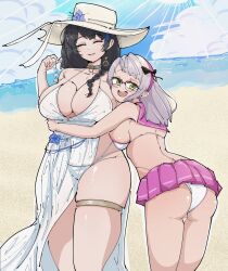 2girls ass bikini blue_flower cain_lk flower goddess_of_victory:_nikke grey_hair hat hat_flower highres large_hat mary_(bay_goddess)_(nikke) mary_(nikke) multiple_girls neon_(blue_ocean)_(nikke) neon_(nikke) official_alternate_costume sun_hat swimsuit thick_thighs thighs white_bikini white_hat