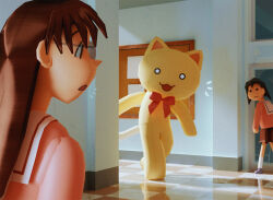 1other 2girls azumanga_daioh&#039;s_school_uniform azumanga_daiou blender_(medium) brown_hair brown_skirt commentary english_commentary giant_cat glasses hallway indoors jacket long_hair looking_at_another louie_zong mizuhara_koyomi multiple_girls no_nose open_mouth pink_jacket sailor_collar school_uniform serafuku short_hair skirt takino_tomo tile_floor tiles white_sailor_collar