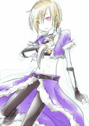 1boy black_gloves black_pants blonde_hair cape closed_mouth commentary_request crop_top cropped_jacket dagger fingerless_gloves foot_out_of_frame fur-trimmed_cape fur-trimmed_jacket fur_trim gloves holding holding_dagger holding_knife holding_weapon jacket knife looking_at_viewer male_focus midriff navel open_clothes open_jacket pants pink_eyes purple_cape purple_jacket ragnarok_online short_hair short_sleeves simple_background sketch smile solo stalker_(ragnarok_online) vambraces waist_cape weapon white_background yoru_nagatsuki
