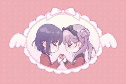 1boy 1girl black_bow black_hairband black_sailor_collar bow bow_hairband brother_and_sister chibi chibi_only closed_eyes crying ear_piercing from_side grapeoolongteaaa hair_bun hairband highres holding_hands interlocked_fingers jacket no_mouth piercing pink_background pink_hair purple_hair red_jacket red_serafuku red_shirt sailor_collar school_uniform serafuku shirt siblings smile the_hundred_line_-last_defense_academy- tsukumo_ima tsukumo_kako twins twintails white_bow