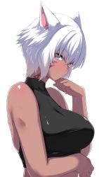 1girl animal_ears bare_shoulders blind breasts cat_ears dark-skinned_female dark_skin dutch_angle facial_mark final_fantasy final_fantasy_xiv grey_eyes halterneck highres kaname_nagi looking_at_viewer medium_breasts miqo&#039;te navel neck_tattoo profile short_hair solo tattoo upper_body whisker_markings white_background white_hair y&#039;shtola_rhul