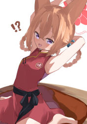 Rule 34 | !?, 1girl, :d, absurdres, animal ears, armpits, arms behind head, barefoot, blue archive, blush, braid, braided hair rings, china dress, chinese clothes, commentary, crossed bangs, dress, fang, fox ears, fox girl, hair between eyes, hair rings, halo, highres, knees out of frame, looking at viewer, lower teeth only, official alternate costume, official alternate hairstyle, open mouth, orange hair, osmium-76, presenting armpit, purple eyes, red dress, red halo, rumi (blue archive), rumi (small) (blue archive), sidelocks, simple background, sitting, skin fang, sleeveless, sleeveless dress, smile, solo, surprised, teeth, toes, wariza, white background