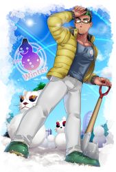 Rule 34 | 1boy, alternate costume, bandaid, bandaid on face, bandaid on nose, bara, blue shirt, denim, facial hair, fujishima kazuya, full body, glasses, goatee, green hair, grey pants, highres, jacket, jeans, kyoichi (live a hero), live a hero, male focus, multicolored hair, muscular, muscular male, open clothes, open jacket, pants, pectoral cleavage, pectorals, shirt, shoes, short hair, sideburns, sneakers, snow, snowman, solo, spade, streaked hair, thick eyebrows, white pants