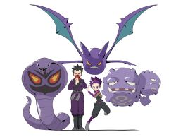 1boy 1girl arbok black_pants crobat father_and_daughter gen_1_pokemon gen_2_pokemon grey_socks hand_up hashtag-only_commentary highres jacket janine_(pokemon) koga_(pokemon) leg_up looking_at_viewer nintendo own_hands_together pants pokemon pokemon_(creature) pokemon_hgss psaber97 purple_hair purple_jacket purple_pants purple_scarf scarf short_hair socks spiked_hair standing weezing white_background wristband