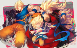 Rule 34 | blue eyes, blue sash, closed mouth, dougi, dragon ball, dragon ball gt, dragon ball heroes, dragonball z, long hair, male focus, multiple boys, muscular, muscular male, ommmyoh, pants, ruyi jingu bang, saiyan, sash, smile, son goku, son goku (xeno), spiked hair, super saiyan, super saiyan 1, super saiyan 2, super saiyan 3, time patrol (dragon ball), twitter username, yellow pants