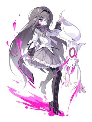 Rule 34 | 1boy, akemi homura, akemi homura (magical girl), black boots, black hair, black hairband, black shirt, blood, boots, bow, bowtie, collared shirt, creature, frilled skirt, frills, full body, goblet 42, grey skirt, hairband, high heel boots, high heels, highres, holding, kyubey, long hair, long sleeves, looking at another, magical girl, mahou shoujo madoka magica, pink blood, pleated skirt, purple bow, purple bowtie, purple eyes, shirt, simple background, skirt, standing, standing on one leg, thigh boots, undershirt, white background, white shirt