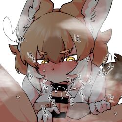 1boy 1girl animal_ear_fluff animal_ears bar_censor blush brown_hair censored dhole_(kemono_friends) fellatio hair_between_eyes hair_flaps hand_on_another&#039;s_leg heart highres kemono_friends niboshi_(niboshi_aruku) oral pov saliva simple_background sound_effects sound_effects_only sweat symbol-shaped_pupils tail white_background