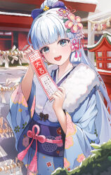 1girl :d architecture ayaka_(genshin_impact) black_bow blue_eyes blue_hair blue_kimono blunt_bangs blunt_tresses blurry bow day depth_of_field east_asian_architecture floral_print flower_knot fur-trimmed_kimono fur_trim furisode genshin_impact hair_bow hair_ribbon hands_up hatsumoude high_ponytail highres holding japanese_clothes kimono light_blue_hair long_hair long_sleeves looking_at_viewer new_year obi omikuji open_mouth outdoors pink_ribbon ponytail prana_(prana12) print_kimono ribbon sash shrine smile snow solo tassel translation_request tress_ribbon very_long_hair wide_sleeves