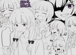 Rule 34 | &gt; o, 1girl, bocchi the rock!, bow, braid, clenched teeth, closed eyes, closed mouth, commentary, crying, earrings, fang, greyscale, haidao mao, hair bow, highres, hiroi kikuri, jewelry, long hair, low twintails, monochrome, multiple views, one eye closed, open mouth, puff of air, purple eyes, sharp teeth, spot color, teeth, thumbs up, twin braids, twintails