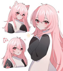 1girl :p absurdres anger_vein animal_ear_fluff animal_ears antenna_hair black_sleeves blush borrowed_character cat_ears cat_girl closed_mouth commentary double-parted_bangs expressionless glaring hair_between_eyes hana20000920 hand_up highres kemonomimi_mode long_hair long_sleeves looking_at_viewer multiple_views mumble_(shachimu) notice_lines original parted_lips pink_eyes pink_hair simple_background sleeves_past_fingers sleeves_past_wrists sweater symbol-only_commentary tongue tongue_out turtleneck turtleneck_sweater v-shaped_eyebrows w white_background white_sweater