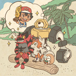 Rule 34 | 1boy, ash ketchum, black hair, blue shirt, blue sky, bright pupils, brown eyes, closed mouth, cloud, colored sclera, commentary request, day, gen 7 pokemon, green eyes, hat, holding, holding trophy, imagining, incineroar, log, lycanroc, lycanroc (dusk), melmetal, metal skin, mojacookie, multicolored hair, mythical pokemon, nintendo, nose bubble, official art, one-eyed, open mouth, outdoors, palm tree, pokemon, pokemon (anime), pokemon (creature), pokemon journeys, pokemon sm (anime), red hat, rowlet, sand, second-party source, sharp teeth, shirt, short hair, short sleeves, sitting, sky, sleeping, smile, speech bubble, striped clothes, striped shirt, teeth, thought bubble, tree, trophy, two-tone hair, upper teeth only, white pupils, white shirt, yellow sclera, z-ring