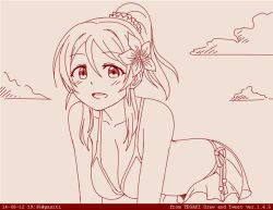 Rule 34 | 1girl, :d, all fours, ayase eli, bikini, breasts, cleavage, cloud, collarbone, commentary, dated, flower, hair flower, hair ornament, hashtag-only commentary, high ponytail, large breasts, looking at viewer, love live!, love live! school idol project, medium hair, open mouth, pas (paxiti), ponytail, red theme, smile, solo, swimsuit, tegaki draw and tweet, twitter username