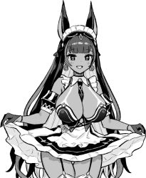 1girl animal_ears azur_lane azur_lane:_slow_ahead bad_source between_breasts breasts cleopatra_(azur_lane) cleopatra_(stars_and_roses)_(azur_lane) clothes_lift corset dark-skinned_female dark_skin dress dress_lift earrings greyscale hoop_earrings jackal_ears jackal_girl jewelry large_breasts lifting_own_clothes maid maid_headdress monochrome necktie necktie_between_breasts official_art open_mouth simple_background smile solo white_background
