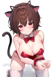 Rule 34 | 1girl, absurdres, air jordan, air jordan 1, animal ear hairband, animal ears, artist request, bare arms, bare shoulders, black hairband, black tail, blush, bound, bound wrists, bow, bowtie, breasts, brown hair, cat ear hairband, cat ears, cat tail, collar, commentary request, commission, detached collar, embarrassed, fake animal ears, frown, furrowed brow, groin, hairband, highleg, highleg leotard, highres, kneeling, korean commentary, large breasts, leaning forward, leotard, looking at viewer, mole, mole on breast, mole under eye, nike (company), nontraditional playboy bunny, original, own hands together, prunechi, red bow, red bowtie, red eyes, red leotard, red shoes, second-party source, shoes, short hair, simple background, skindentation, sneakers, strapless, strapless leotard, tail, thighhighs, white background, white collar, white thighhighs, white wrist cuffs, wing collar, wrist cuffs