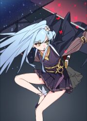 1girl biryu_soso blue_hair hair_ornament hairpin highres korean_clothes long_hair non-web_source original see-through_clothes see-through_sleeves yellow_eyes