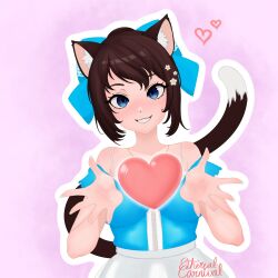 1girl animal_ear_fluff animal_ears artist_name bare_shoulders blue_bow blue_eyes blue_shirt bow breasts brown_hair brown_tail cat_ears cat_girl cat_tail collarbone etherealcarnival eyebrows_hidden_by_hair flower grin hair_bow hair_flower hair_ornament hands_up heart highres indie_virtual_youtuber jewelry kaiya_bell looking_at_viewer medium_breasts necklace open_hands outline pink_background ponytail shirt short_hair signature simple_background skirt smile solo spaghetti_strap tail tail_raised teeth thick_outlines upper_body virtual_youtuber white_flower white_nails white_outline white_skirt
