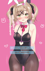 1girl absurdres animal_ears arms_behind_back aroused bare_shoulders black_leotard black_ribbon blush bow bowtie breasts brown_hair brown_pantyhose cameltoe choice cleavage clothing_cutout commentary cosplay covered_navel cowboy_shot curvy detached_collar eyelashes eyes_visible_through_hair fake_animal_ears furrowed_brow gluteal_fold green_eyes groin hair_between_eyes hair_intakes hair_ornament hair_ribbon hatsune_miku hatsune_miku_(cosplay) heart heart-shaped_pupils heart_cutout heart_hair_ornament heavy_breathing highleg highleg_leotard highres leotard looking_at_viewer medium_breasts medium_hair mikuni_sairi motion_lines open_mouth pantyhose pink_background playboy_bunny purunyara rabbit_ears rabbit_hole_(vocaloid) red_bow red_bowtie ribbon shiny_skin simple_background smile solo stomach_cutout symbol-shaped_pupils tenshi_souzou_re-boot! thick_eyebrows translated tsurime twintails visual_novel vocaloid x_hair_ornament