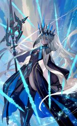 1girl black_dress black_gloves black_thighhighs blue_dress blue_eyes braid breasts cleavage crown dress fate/grand_order fate_(series) gloves grey_hair highres lack long_hair long_sleeves looking_at_viewer medium_breasts morgan_le_fay_(fate) morgan_le_fay_(queen_of_winter)_(fate) pelvic_curtain ponytail sidelocks solo staff stole thighhighs thighs two-tone_dress veil very_long_hair wide_sleeves