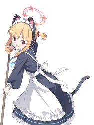 1girl animal_ear_headphones animal_ears apron black_dress blonde_hair blue_archive broom cat_ear_headphones cat_tail commentary_request cowboy_shot dress fake_animal_ears fake_tail halo hashtag-only_commentary headphones highres holding holding_broom kanzaki_hiro maid maid_apron momoi_(blue_archive) momoi_(maid)_(blue_archive) official_alternate_costume open_mouth red_eyes red_halo short_twintails sidelocks simple_background solo standing tail twintails white_apron white_background