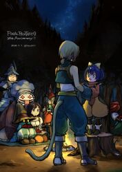 1other 3girls 4boys adelbert_steiner anniversary aqua_vest armor bare_shoulders black_mage_(final_fantasy) blonde_hair blue_coat blue_pants bodysuit book boots bow breasts brown_eyes brown_footwear burmecian campfire chef_hat coat cropped_vest crystal dated dreadlocks eiko_carol final_fantasy final_fantasy_ix forest freija_crescent full_armor garnet_til_alexandros_xvii gloves green_eyes green_pants grey_footwear hair_bow hat hat_feather helm helmet holding holding_book holding_hands horns jewelry kneeling looking_at_another low_ponytail medium_breasts milky_way monkey_tail mouse_girl multiple_boys multiple_girls nature night night_sky open_mouth orange_bodysuit overalls pants pendant ponytail quina_quen red_coat red_gloves red_hair salamander_coral shirt short_hair single_horn sky sleeveless sleeveless_shirt star_(sky) striped_clothes striped_pants tail takase_toho tongue tongue_out tree_stump twitter_username underbust vest vivi_ornitier white_shirt winged_helmet wizard_hat wrist_cuffs yellow_bow yellow_eyes yellow_overalls zidane_tribal