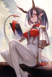 1girl arm_at_side arm_support black_hair breasts capelet choker collared_shirt demon_girl earrings feet_out_of_frame framed_breasts front-seamed_legwear glasses gloves hair_between_eyes highres holding jewelry lack large_breasts layered_sleeves long_sleeves multicolored_hair neck_ribbon original pantyhose parted_lips pointy_ears ponytail red_gloves red_shirt ribbon seamed_legwear shirt short_over_long_sleeves short_sleeves sitting solo statue striped_neckwear striped_ribbon tail two-tone_hair white_hair white_shirt yellow_eyes