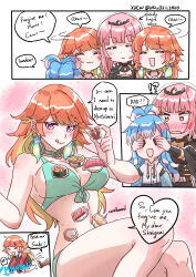 Rule 34 | absurdres, alternate costume, blush, breasts, couple, earrings, family, father and son, feather earrings, feathers, gradient hair, highres, hololive, hololive english, hololive indonesia, jewelry, kobo kanaeru, large breasts, long hair, mori calliope, mori calliope (1st costume), mother and daughter, multicolored hair, multiple girls, open mouth, orange hair, pink hair, purple eyes, red eyes, smile, takanashi kiara, takanashi kiara (1st costume), virtual youtuber, wife and wife, xu chin-wen, yuri