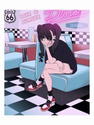 1girl acubi_tomaranai air_jordan air_jordan_1 black_hair black_shirt black_shorts black_socks booth_seating checkered_floor closed_mouth commission crossed_legs diner dolphin_shorts ear_piercing head_rest high_tops highres indoors long_hair looking_at_viewer nike_(company) off-white_(brand) original piercing route_66 shirt shoes short_shorts shorts sitting skeb_commission smile sneakers socks solo table twintails yellow_eyes