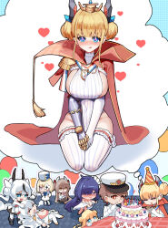 +_+ 1boy 6+girls absurdres alternate_breast_size azur_lane birthday_cake birthday_party black_hair blonde_hair blue_eyes breasts brown_hair cake cape chibi chinese_commentary clock_necklace closed_eyes closed_mouth commander_(azur_lane) commentary_request dhy-232 double_bun elbow_gloves epaulettes food frilled_thighhighs frills gauntlets gloves hair_bun heart heart-shaped_pupils highres imagining l&#039;audacieux_(azur_lane) l&#039;indomptable_(azur_lane) large_breasts le_malin_(azur_lane) le_terrible_(azur_lane) le_triomphant_(azur_lane) leotard licking_lips mogador_(azur_lane) multicolored_hair multiple_girls praying purple_eyes purple_hair red_cape red_eyes single_elbow_glove single_epaulette single_gauntlet single_glove smile streaked_hair striped_clothes striped_thighhighs symbol-shaped_pupils thighhighs tongue tongue_out vertical-striped_clothes vertical-striped_thighhighs white_gloves white_hair white_leotard white_thighhighs