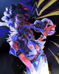 Rule 34 | 1boy, \||/, armlet, backlighting, belt, big hair, black hair, bracelet, brown eyes, choker, cowboy shot, dark-skinned male, dark skin, ear piercing, earrings, eyebrow piercing, face piercing, forehead, from side, guitar, halftone, halftone background, hand up, hieumay, highres, holding, instrument, jewelry, leaning back, lip piercing, lip ring, lips, looking to the side, male focus, marvel, nose, nose piercing, nostrils, open hand, parted lips, piercing, skinny, sleeveless, solo, spider-man: across the spider-verse, spider-man (series), spider-punk, spider-verse, spiked armlet, spiked bracelet, spiked choker, spiked jacket, spikes, standing, superhero costume, teeth, thick lips, two-tone bodysuit, very dark skin, vest, western comics (style)