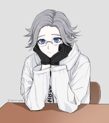 1boy aotsuki_eito black_gloves blue_eyes chair closed_mouth frown glasses gloves jacket long_sleeves looking_at_viewer male_focus parted_hair simple_background solo solo_focus table the_hundred_line_-last_defense_academy- upper_body white_background white_hair white_jacket wooden_chair wooden_table