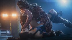 1boy 1girl artist_name boots brown_hair capcom defeat fingerless_gloves gloves helpless hetero interspecies jill_valentine kenjjoo licker_(resident_evil) monster oral penis rape resident_evil resident_evil_3:_nemesis resident_evil_3_(remake) sex short_hair tank_top tongue vaginal watermark